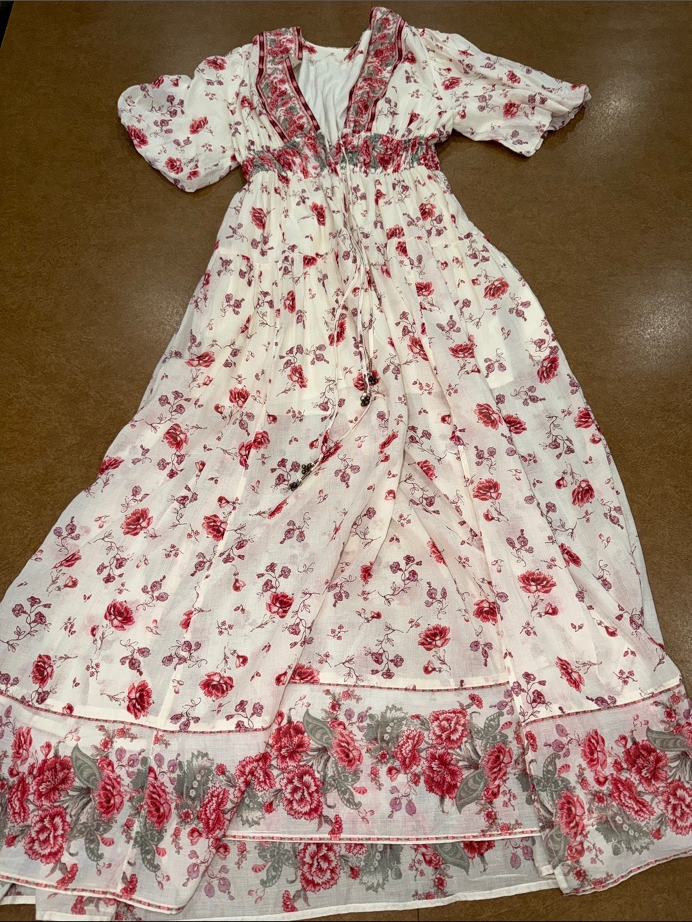Free People Lysette Ivory Maxi Dress w/ Red Floral Print- Metal Accent Tassels
